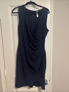 Sleeveless Navy Midi Dress with Draped Front